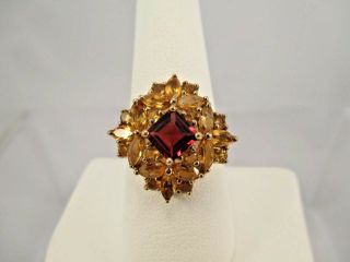 Vintage Retro Citrine Starburst Cocktail Ring W Synthetic Ruby Center 10k Gold