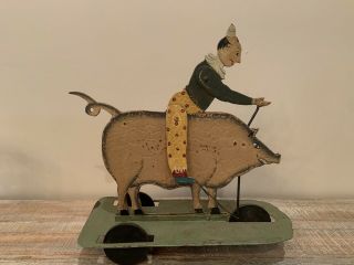 Early Rare Antique Americana Clown Pig Rider Pull Toy Htf