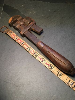 Vintage 9.  5” Long Pipe Wrench Stillson Wrench Oswego Tools Wooden Handle