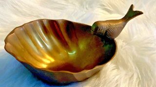 Vintage Brass Bowl With Scalloped Edges Etched Bird Candy Trinket Dish