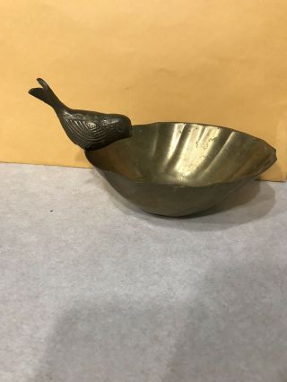 Vintage Brass Bowl With Scalloped Edges Etched Bird Candy Trinket Dish