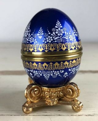 Vintage Email Studio Steinbock Austria Enamel Blue Egg Figurine & Stand Ornate