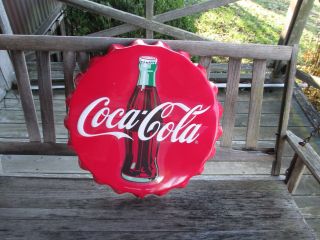 Coca - Cola Large Bottle Cap Steel Sign Red With White Script Logo -