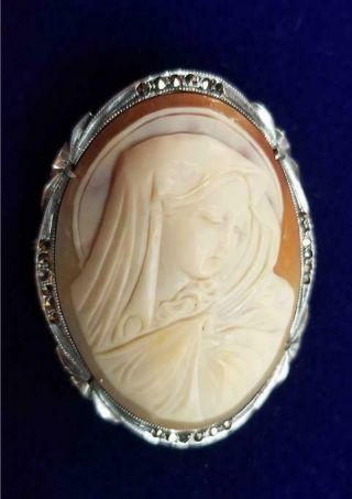 Antique Madonna Virgin Mary Carved Shell Cameo Brooch Pendant Silver & Marcasite
