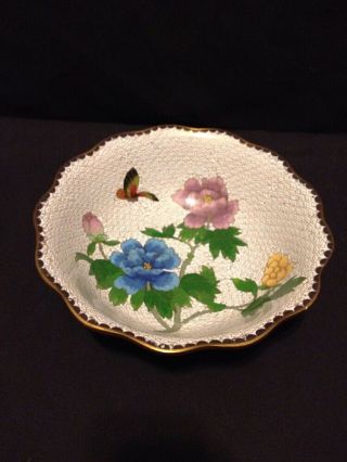 Vintage Chinese Cloisonne Scalloped Bowl With Flowers & Butterfly Blue Bottom