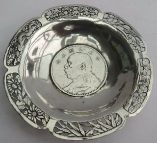 Antique Chinese Silver Yuan Shih Kai Dollar Coin Dish By Wing Nam C.  1914