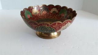 Vintage Solid Brass Red Enamel Peacock Scalloped Footed Bowl India Picker Find