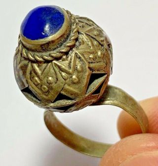 Late Medieval Silvered Ring - Lapis Lazuli Rare Stone 4.  3gr 41mm (inner 20mm)