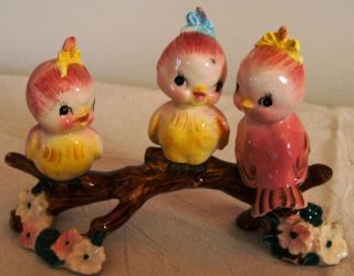 Vintage Norcrest? 3 Pink / Yellow Bluebirds On Branch - Ceramic Porcelain Japan