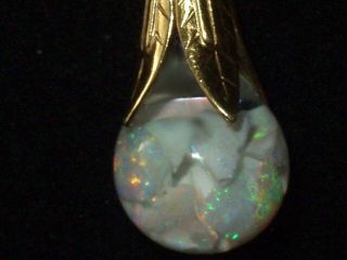 Large Vintage Floating Opal 14k Gold Necklace Pendant Fire Snow Globe