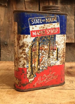 Vintage Maine Maple Syrup 1 Pint Tin Can Vacationland Country Store Display Sign