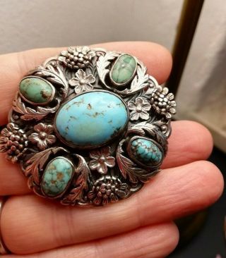 C1930 Very Heavy Arts Crafts Silver Flowers,  Leaves & Turquoise Brooch Stunning