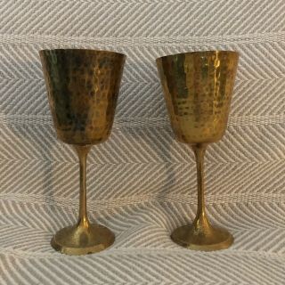 Hammered Brass Vintage Goblets Chalice Cups Mid Century Gold Color 7.  5in