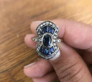 Vintage Art Deco 3 Ct Oval Diamond Sapphire Engagement Ring 14k White Gold Over