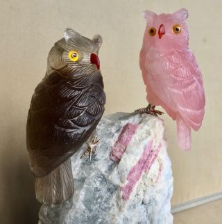 Rose Quartz And Smoky Quartz Owls On Tourmaline/ Aquamarine 9 " - Peter Muller