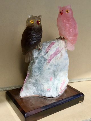 Rose Quartz and Smoky Quartz Owls on Tourmaline/ Aquamarine 9 