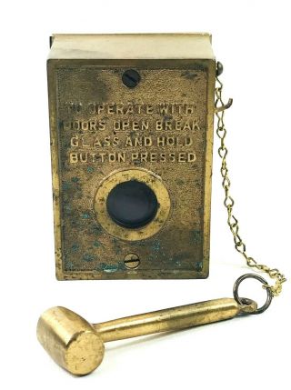Vintage Heavy Brass Fire Alarm Box With Hammer,  Break Glass Hold Button