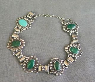 Old Vintage Fred Harvey Era Silver Green Turquoise Link Bracelet