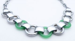 Classic Art Deco Chrome And Green Glass Link Necklace