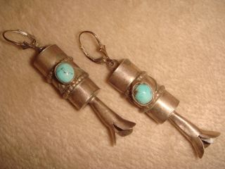 Vtg.  Old Pawn Navajo 2 1/2 " Sterling Silver & Turquoise Squash Blossom Earrings