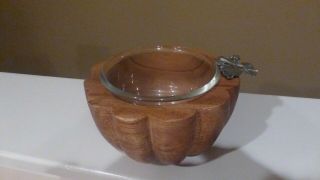 Vagabond House Wooden Bowl With Glass Insert And Pewter Leaf