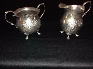Antique Sterling Silver Claw Foot Sugar Bowl And Creamer.  Durham