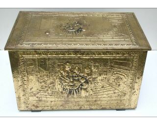 Brass Victorian Wood Large Embossed Old Fireplace Coal Scuttle Hod Box