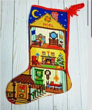 Vtg Christmas Holiday Dollhouse Needlepoint Handmade Stocking Sunset Stitchery