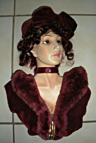 Vintage Female Mannequin Bust Composite Wood Victorian Dressed 12x16 " Wall Decor