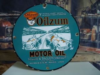 Old Vintage 1937 Oilzum Motor Oil Gas Porcelain Gas Station Pump Sign Mass.