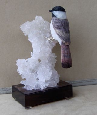 Chicadee From Aragonite,  Obsidian And White Quartz - 7 " Peter Muller