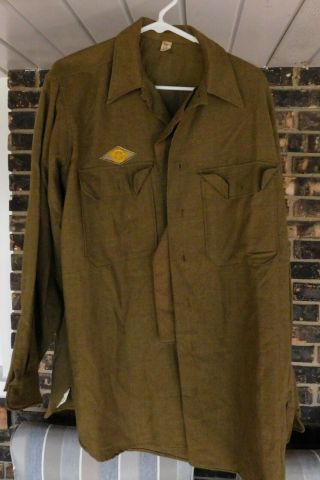 U.  S.  Army Wwii Od Wool Shirt With Gas Flap Large Size 16 X 35 1943 Dated