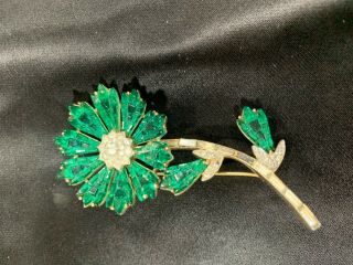 1961 Crown Trifari Philippe Emerald Waffle Flower Brooch Missing A Stone