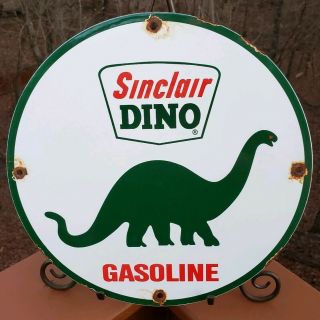 Vintage Sinclair Dino Gasoline / Motor Oil Porcelain Gas Pump Sign