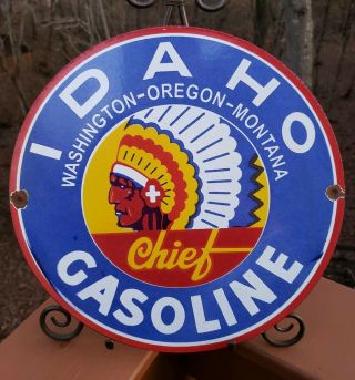 Vintage Idaho Gasoline Porcelain Sign Gas Station Pump Motor Chief Washington
