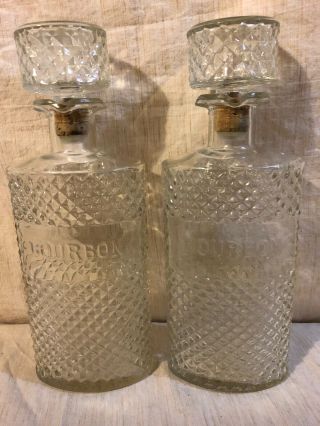 Two Vintage Clear Glass Cylinder Bourbon/whiskey Decanter Bottle W/stoppers 11”
