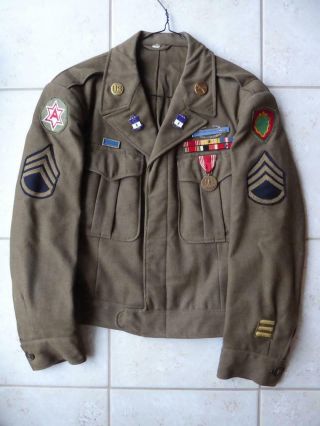 Vintage Wwii Army Officers Wool Field Jacket 36 S With Pins & Badges