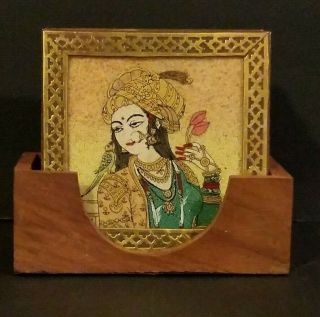 Painted Glass Wood And Brass Middle Eastern India Coaster Set In Caddy