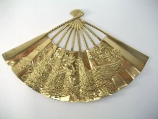 Vtg Asian Chinese Oriental Solid Brass Fan Wall Decor Dragon Phoenix 11.  5 "