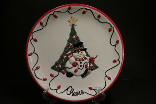 Htf Fitz Floyd Cheers Plate Round Large 12 " Snowman Christmas Tree Years Eve