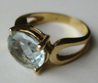 Fine Vintage 14k Gold 3ct Oval Cut Blue Aquamarine Gemstone Ring 3.  7g