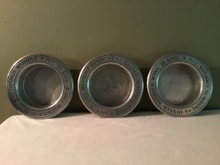 3 Vintage Wilton Pewter Wine Bottle Coasters Or Bowls ‘a Dinner Without Wine.  ’