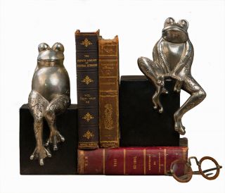 Bookends - Fanciful Frog Bookends - Frog Book Ends - Antique Silver Finish