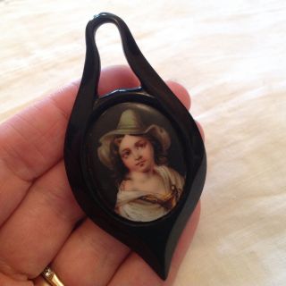 Victorian Large Whitby Jet And Porcelain Pendant