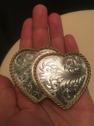 Vintage Montana Silver Plate Double Heart Belt Buckle 1 Inch