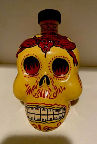 Kah Day Of The Dead Skull Yellow Red Hand Painted Devil Tequila Bottle 