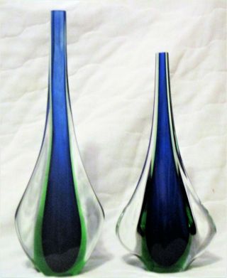 Vintage Pair Murano Sommerso Glass Vases Cobalt Blue & Green Mcm 12 " High Italy