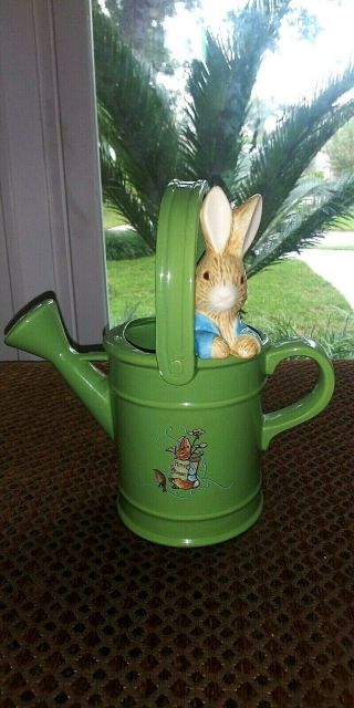 1999 Beatrix Potter Teleflora Green Ceramic Peter Rabbit Watering Can Figurine