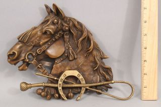 Antique Detailed Bronze Sculpture Wagon Sleigh Horse & Bells Whip Horseshoe
