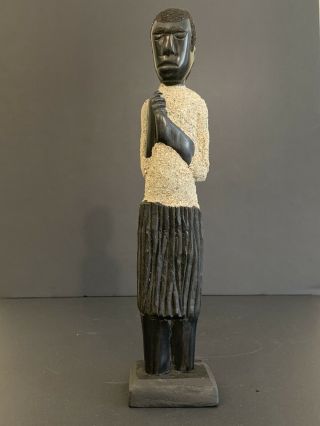 Vintage African Ebony Wood And Stone Carved Statue On Wood Base